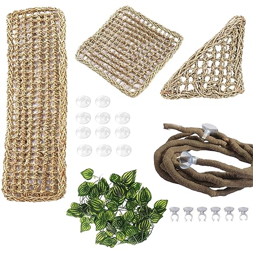 PINVNBY Bearded Dragon Hammock,Reptile Lounger Natural Seagrass Lizard Hammocks Habitat Tank Accessories Jungle Climber Vines Flexible Leaves Decor for Climbing Reptiles Chameleon Gecko Snakes - 【3 Types of Hammocks+Vines+Leaves】