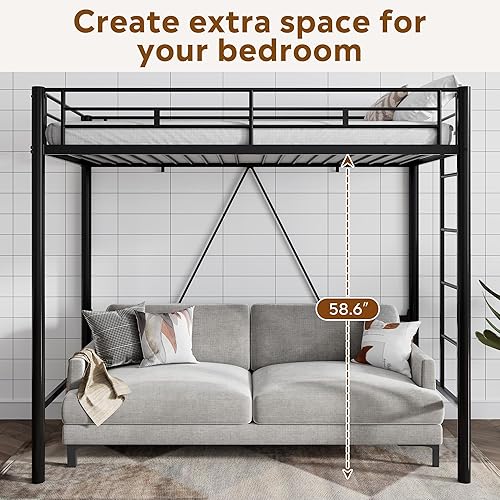 Miniatura 3 de WLIVE Cama alta individual, cama alta de metal resistente, tamaño individual con protector de seguridad y escalera, sin ruido, no necesita somier,