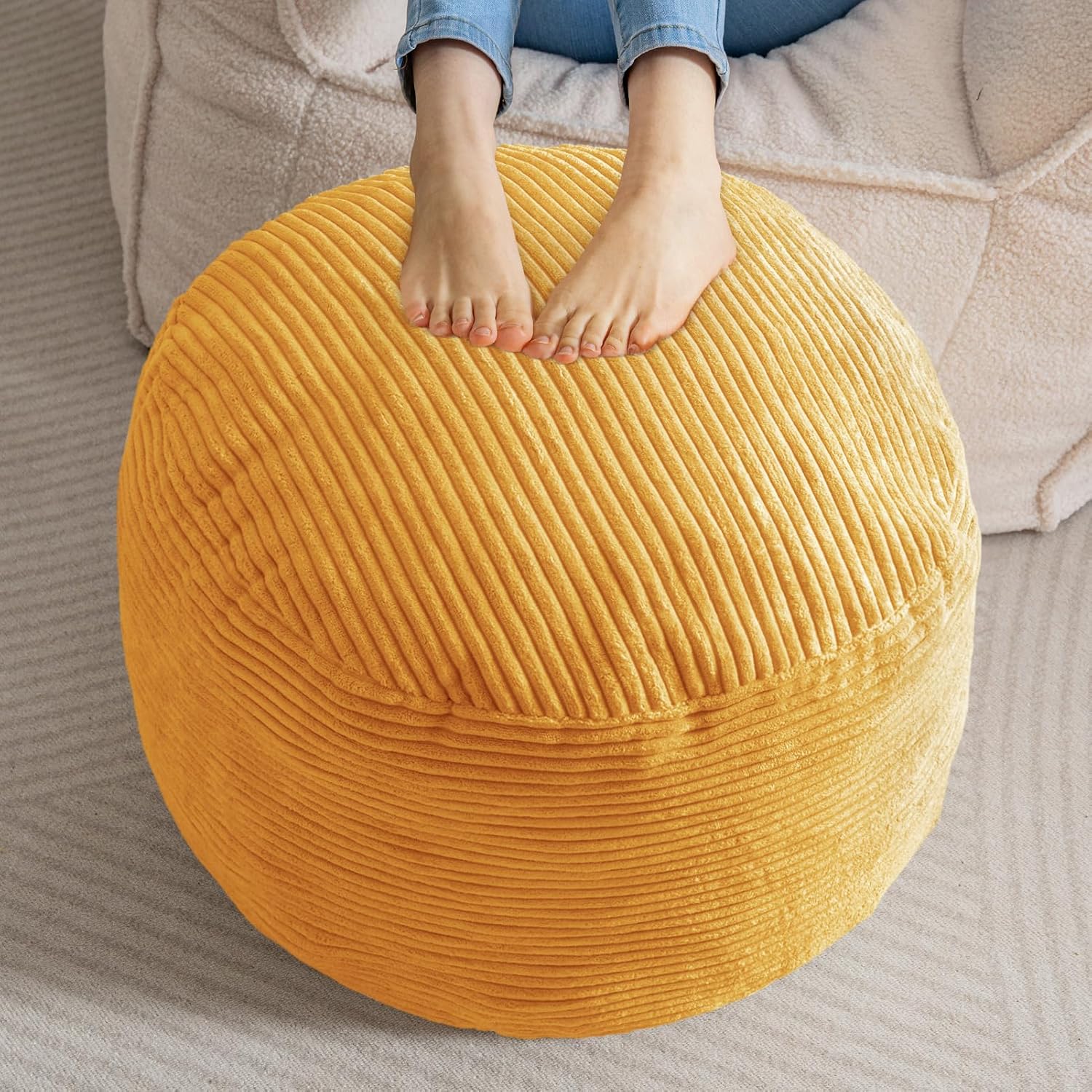 HIGOGOGO Round Stuffed Pouf Ottoman, Corduroy Poufs with Foam Chunk Filling, Furry and Fluffy Pouf Foot Stool Storage Ottoman, 26 X 18 Floor Poufs Foot Rest for Living Room, Orange 26 inch Orange