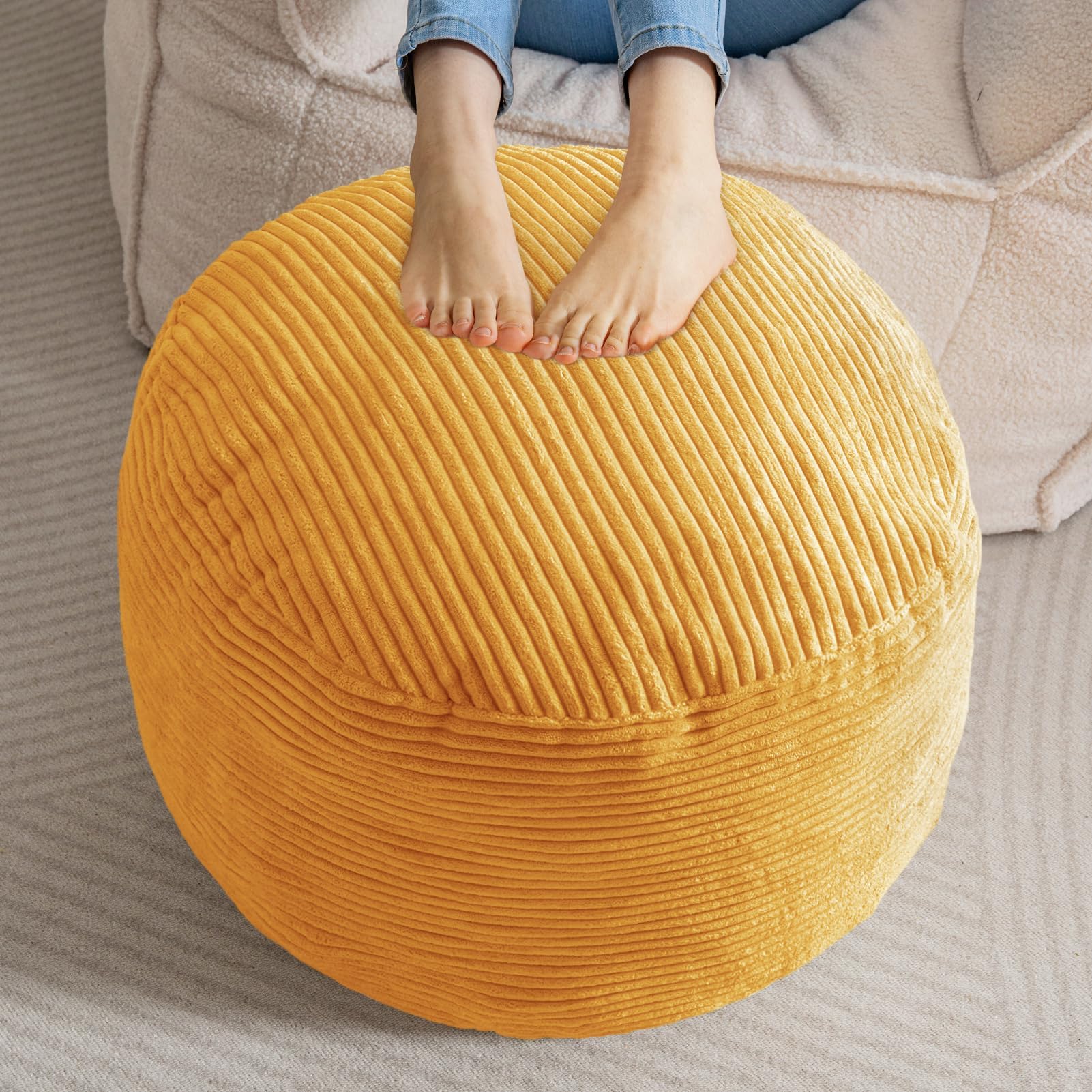 HIGOGOGO Round Stuffed Pouf Ottoman, Corduroy Poufs with Foam Chunk Filling, Furry and Fluffy Pouf Foot Stool Storage Ottoman, 26 X 18 Floor Poufs Foot Rest for Living Room, Orange