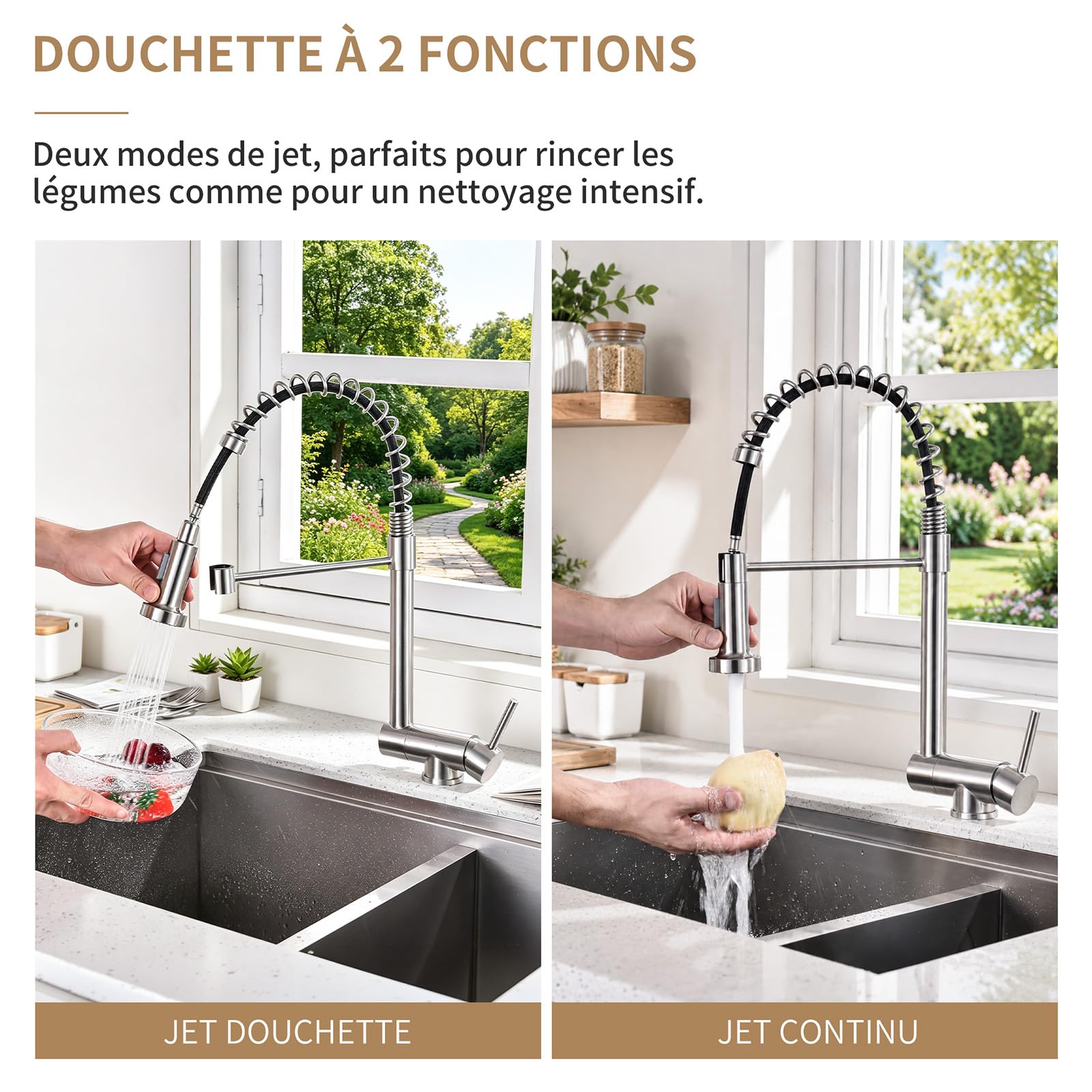 HOMELODY Wasserhahn Küche Edelstahl Ausziehbar für Vorfenster | 2 Strahlarten Brause, 360° drehbar, Spiralfeder-Design für die Spüle am Fenster, Hochdruck