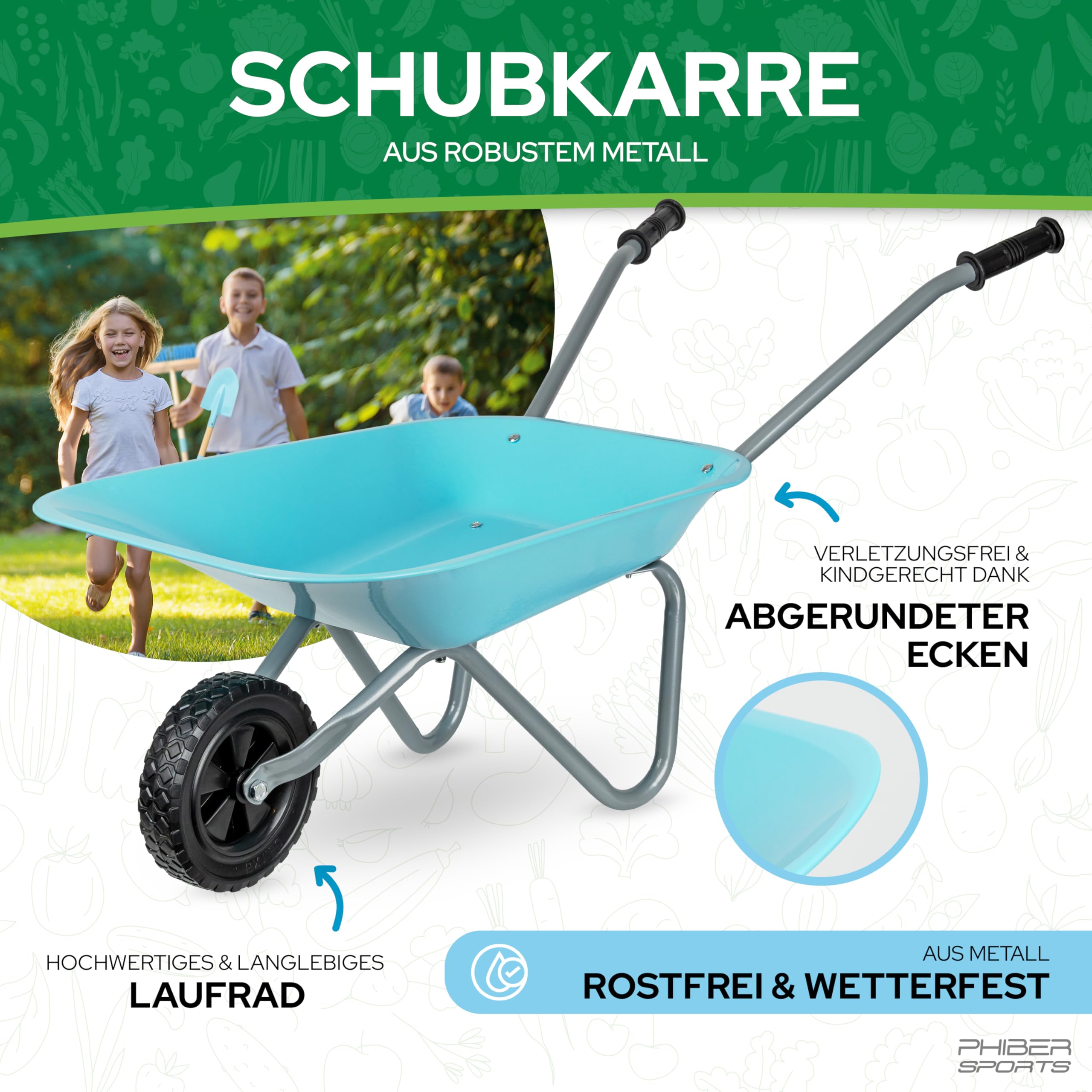 PHIBER-SPORTS Kinderschubkarre mit Gartenwerkzeug aus Metall - Schaufel, Besen, Rechen, Laubrechen + Wetterfeste Sticker