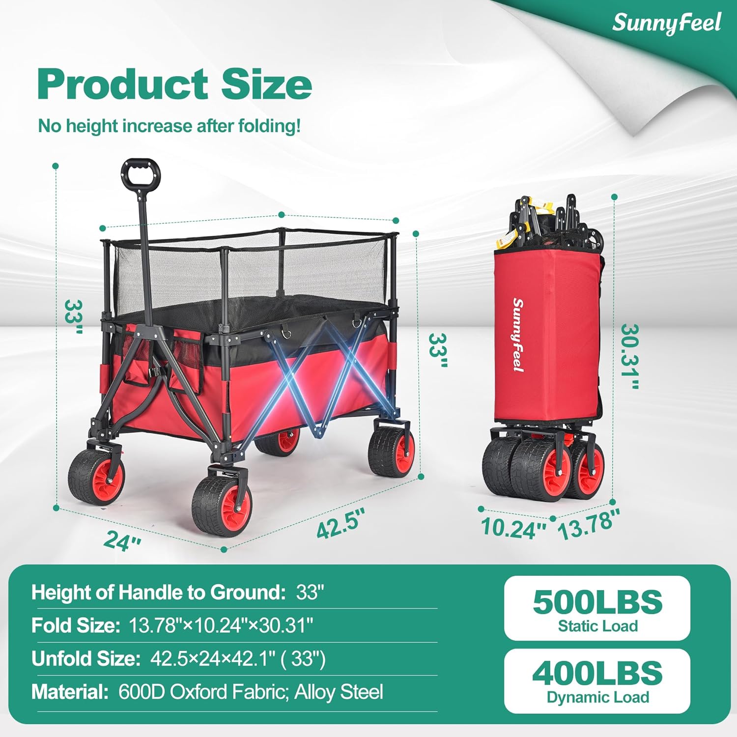 SUNNYFEEL 500 lbs Heavy Duty Folding Wagon Cart - 300L Collapsible Wagon with All-Terrain Wheels & Brakes,Long Deck Utility Wagon with Adjustable Handle for Beach,Camping,Garden (Red, Tall Version)