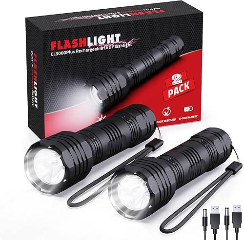 Roxicosly Paquete de 2 linternas recargables de alto lúmenes, batería potente incorporada de 3500 mAh, pequeñas linternas LED de mano para