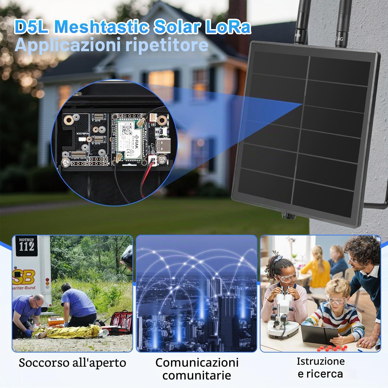 D5L Meshtastic Solar-LoRa-Repeater, compatibile con nodi Meshcore Meshtastic, antenna 868 MHz, pannello solare, batteria integrata da 5000 mAh e regolatore di carica