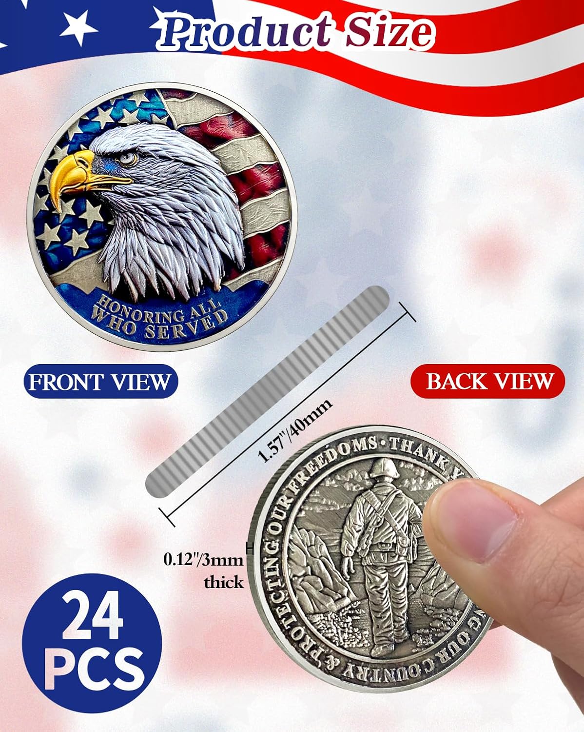24Pcs Military Challenge Coins Set - Veterans Coin Honoring All Who Served Thank You for Your Service Medallion Military Appreciation Gifts for Men Women Army Veterans Day Gifts Bulk