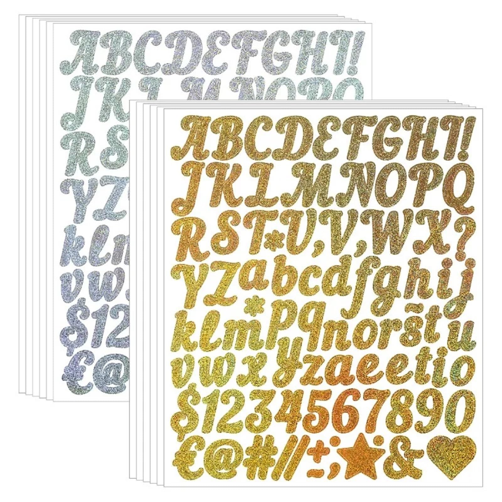 10Sheets Glitter Alphabet Letter Stickers Gold Silver Name Number Sticker for Scrapbooking Craft Decor(Gold)
