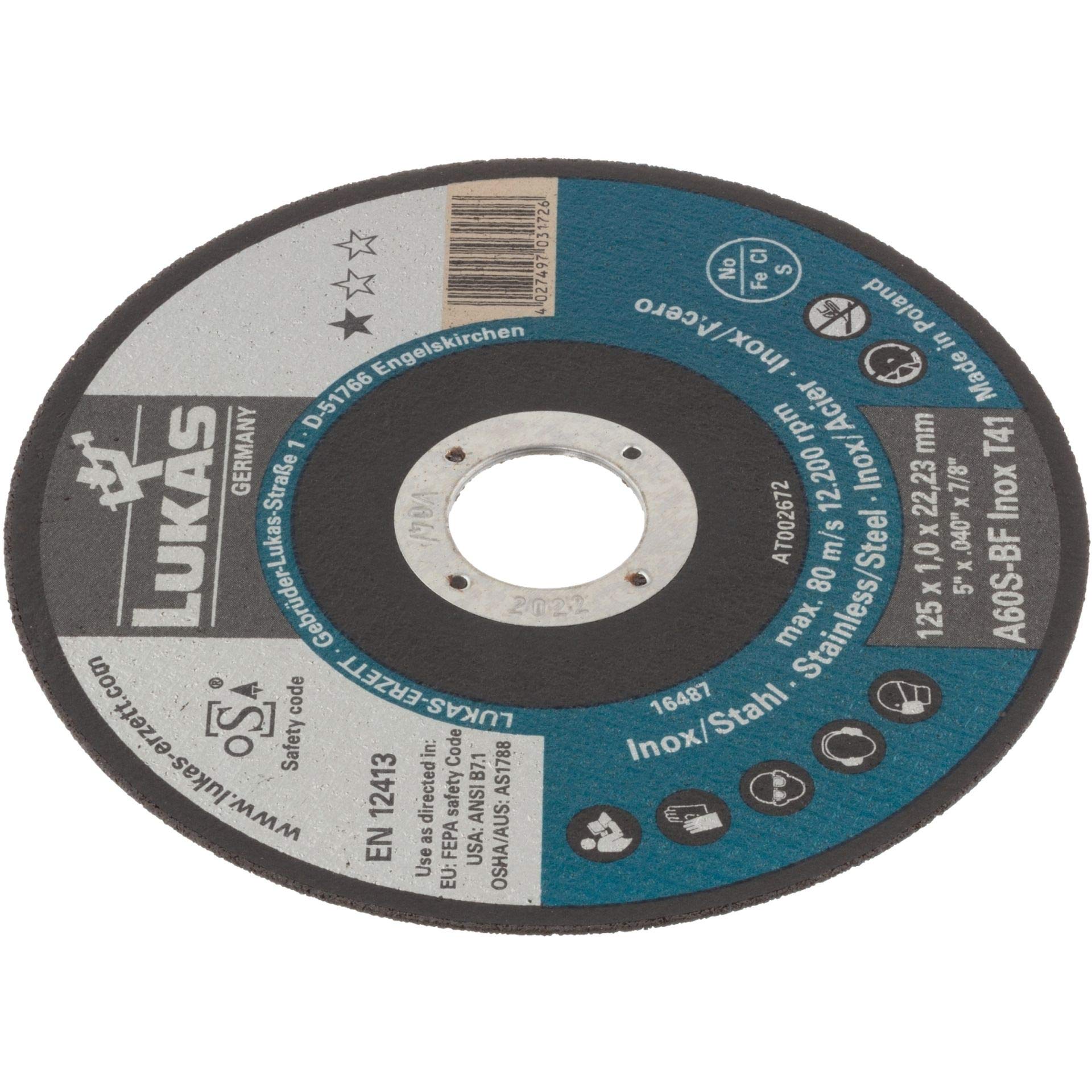 LUKAS - Disco da taglio T41 per acciaio inox, 125 x 1 mm, dritto, per smerigliatrice angolare, A60S-BF