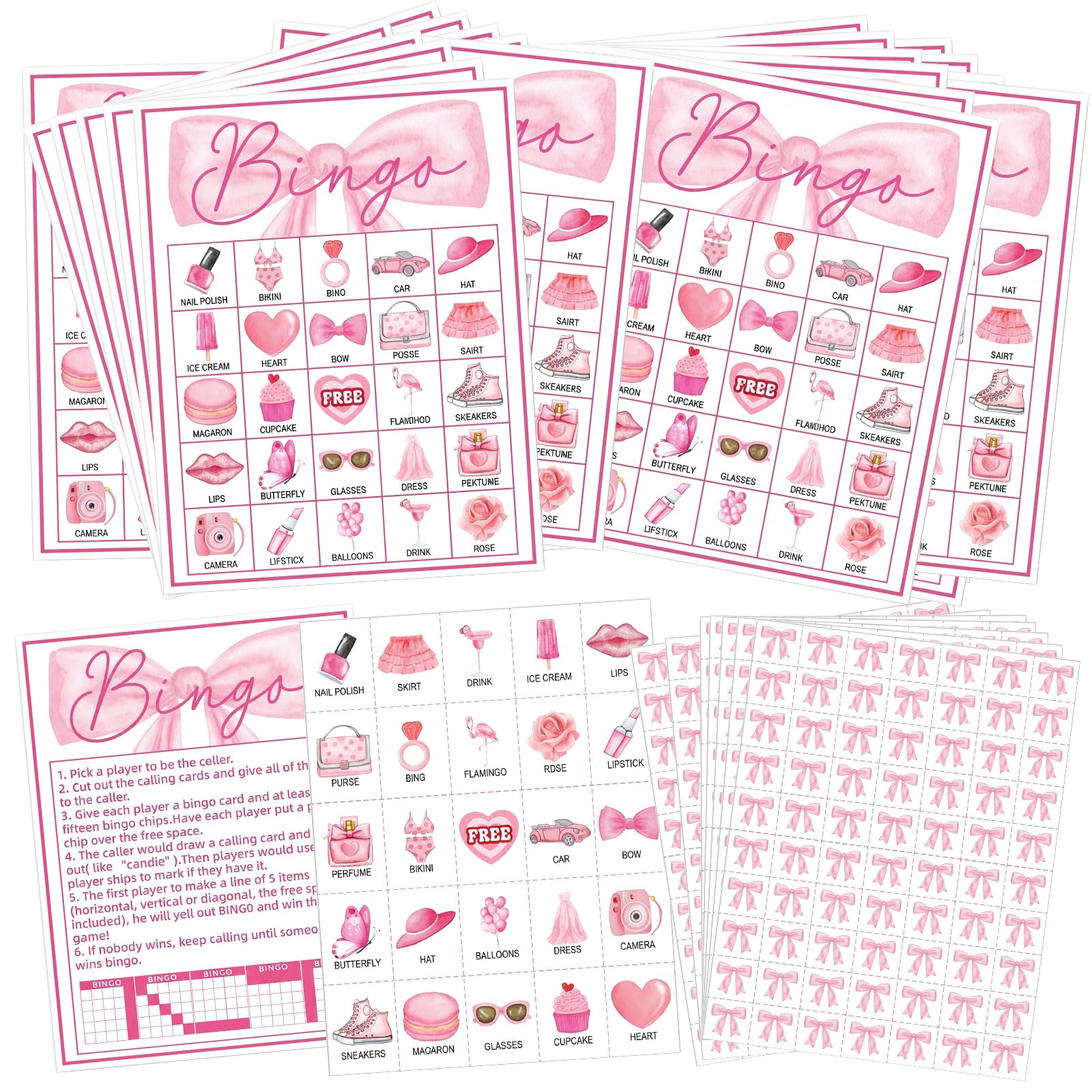 Zetrifoep 33Pcs Bow Bingo Cards Set, Pink Makeup Bingo Game Cards, 24 Players Card with Calling, Marking & Game Instructions Card, Valentine's Day & Girls Birthday Party Favors