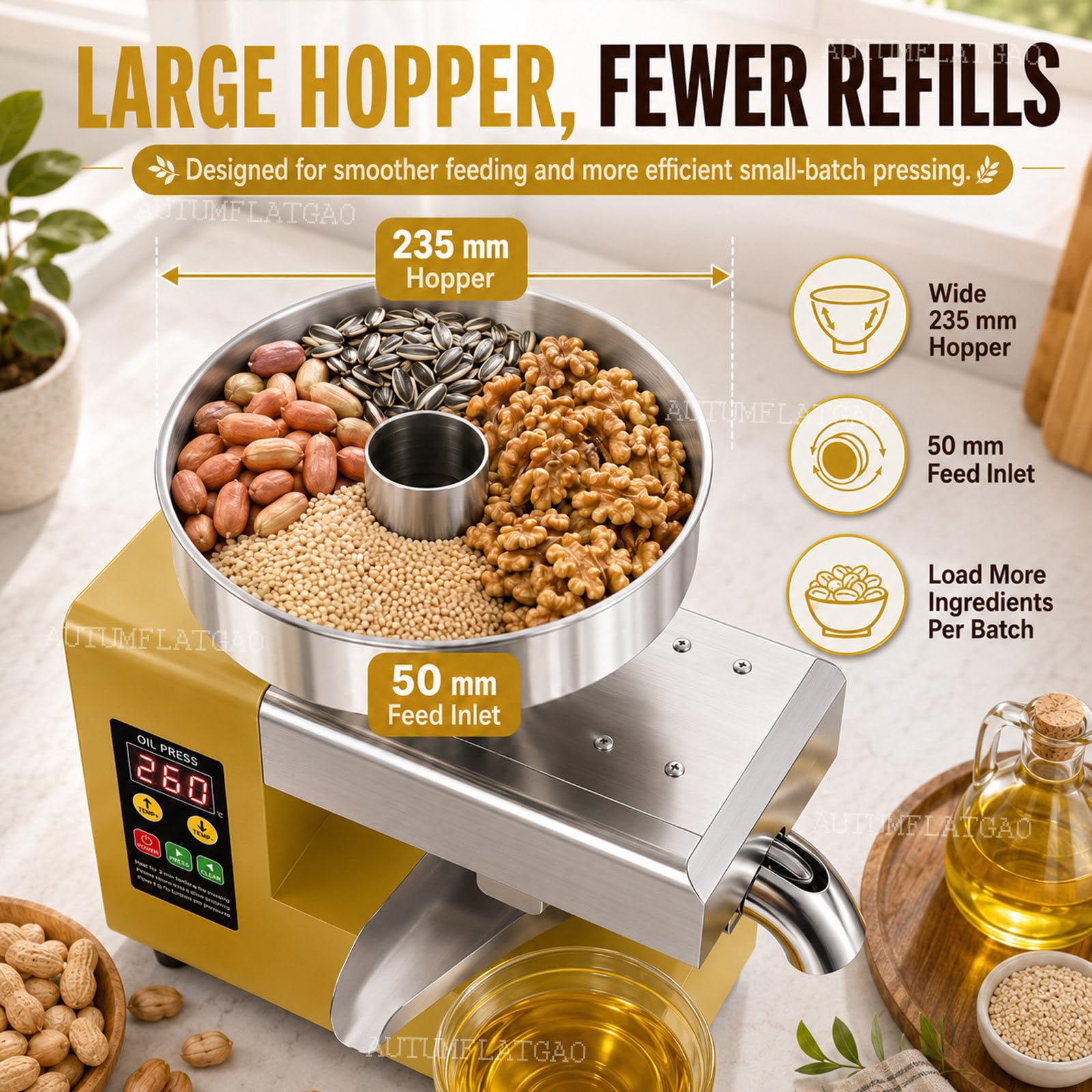 Prensa De Aceite 1500 W, Prensado En Frío Y Caliente Para Nueces Y Semillas | Ajuste De 40–300℃ Para Prensado Suave O En Caliente De Cacahuetes, Sésamo, Girasol, Nueces Y Otras Semillas