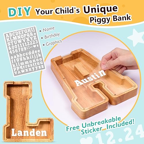 Miniatura 267 de SummiDate Alcancía de madera con nombre, niños y niñas, tamaño grande, letras alfabeto A-Z, monedas y billetes, inicial en cubierta transparente