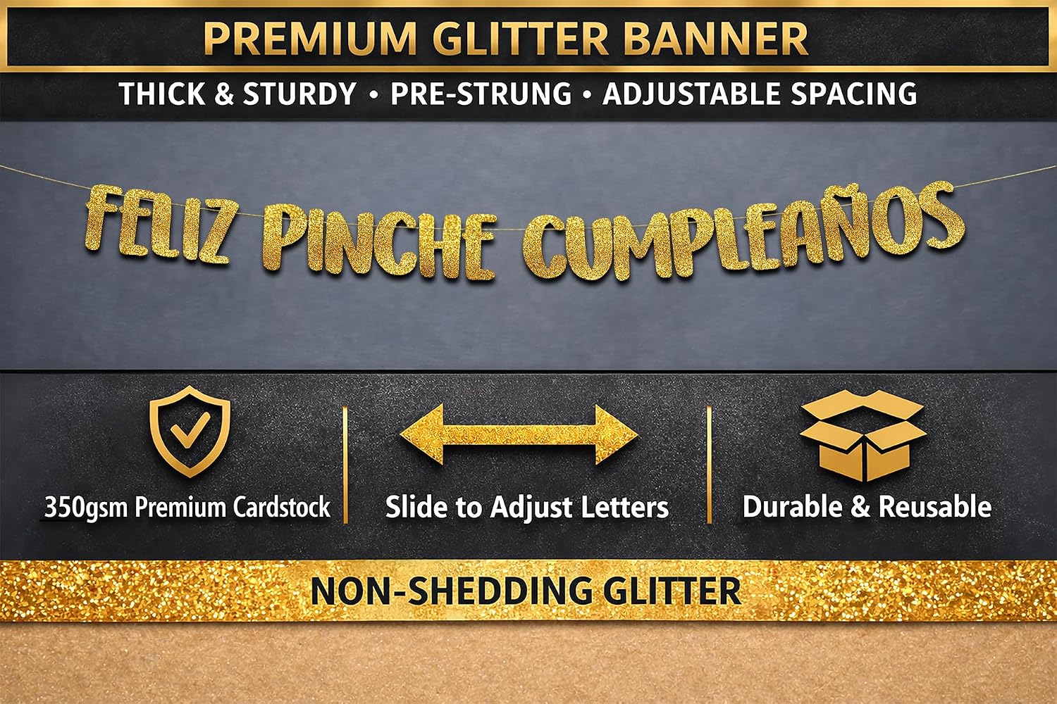Pre-Strung Feliz Pinche Cumpleaños Gold Glitter Banner - Funny Birthday Decorations for Men and Women - Party Supplies and Gifts image 4
