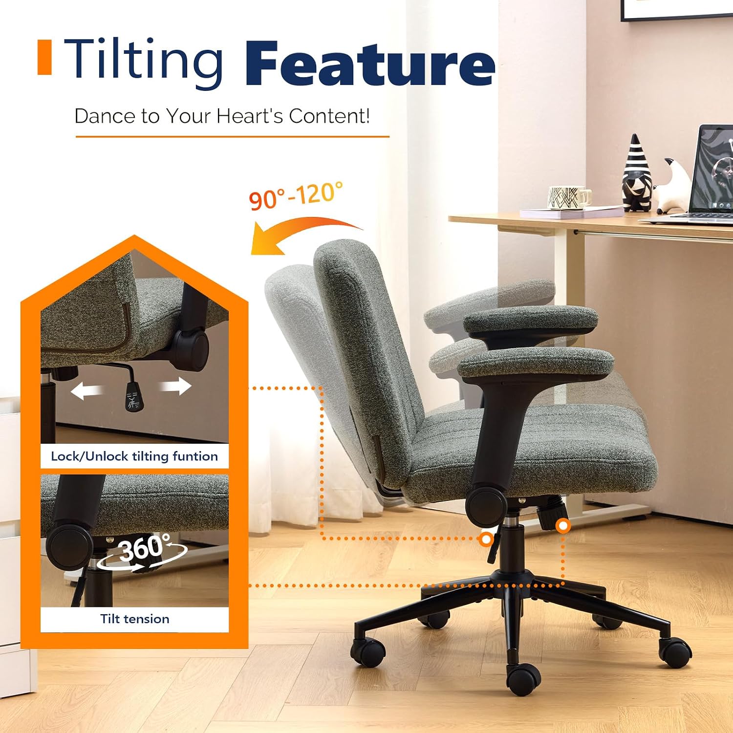 Tilting feature of the VINGLI Criss Cross Office Chair, showing 90-120 degree rocking and tilt tension adjustment.