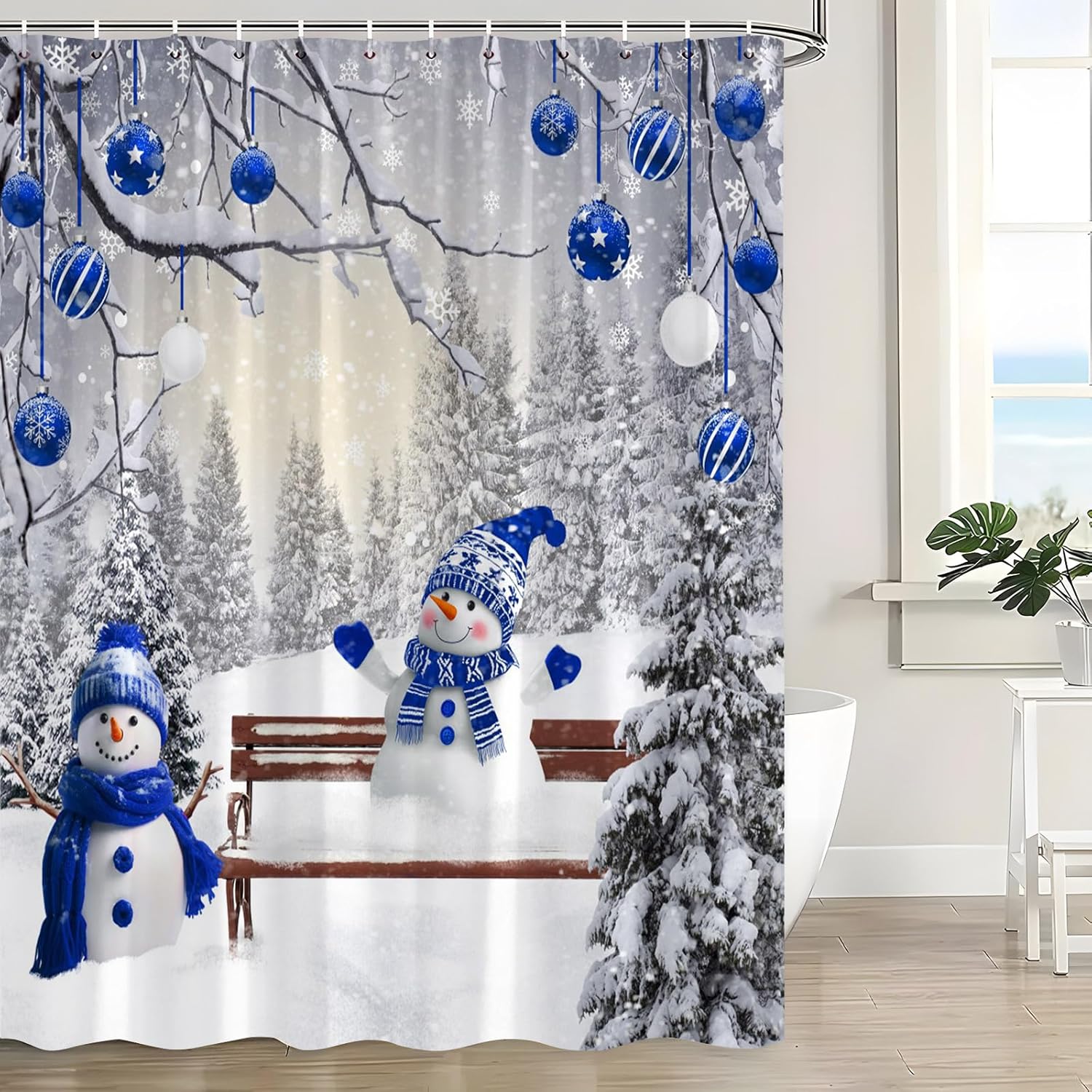 Christmas Snowman Shower Curtain Cute Blue Snowman Xmas Ball Grey Winter Snowy Pine Tree Forest Snowflake Seasonal Nature Scenry Holiday Fabric Bathroom Decor Curtain with Hooks,70x83.8 Inch