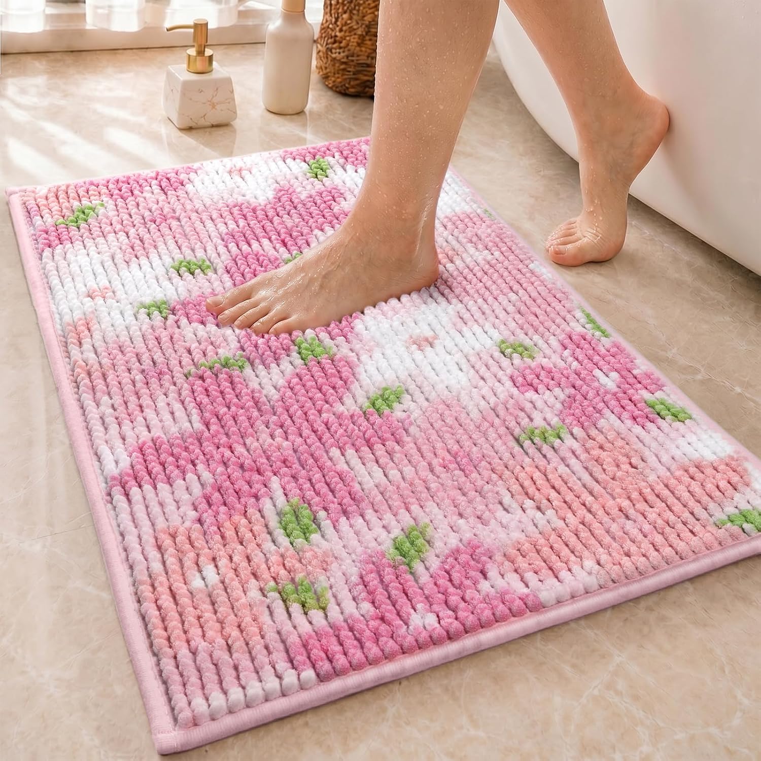 Soft Chenille Cute Bathroom Rug, Pink Floral, 20x30 Inch | Absorbent, Machine Washable, Quick Dry, Non-Slip Textured Rubber Backing, Microfiber Bath Mat for Tub, Sink, Laundry Room