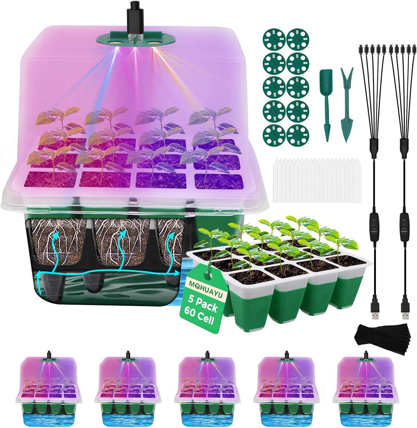 60-Cell Self Watering Seed Starter Tray with Grow Light, 5-Pack Reusable Seed Starter Kit with Soft Silicone, Plant Germination Trays with Humidity Dome for Seeding Planting Growing