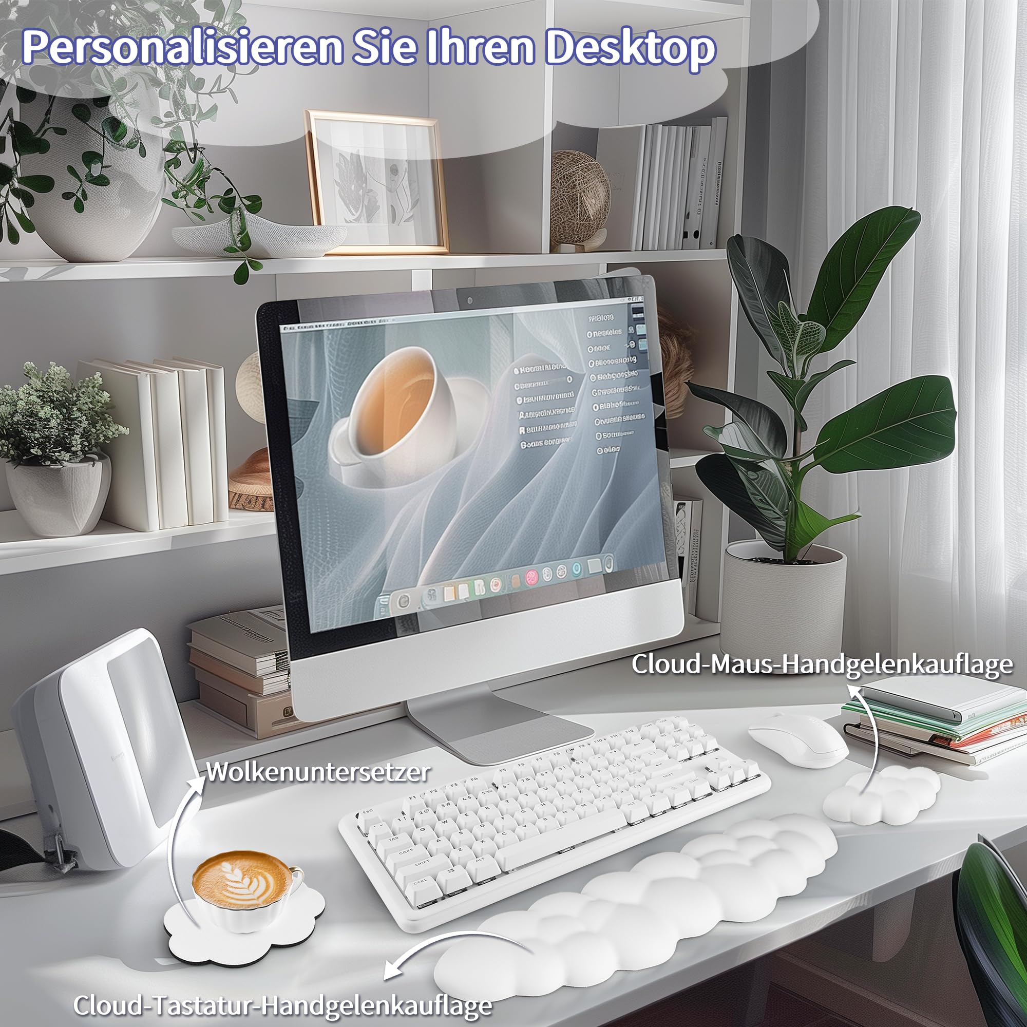 Sushret Wolkenförmige Handballenauflage für Tastatur, ergonomische Tastatur-Handauflage aus PU-Leder mit Memory-Schaum gegen Müdigkeit, Schreibtisch Zubehör für Büro, PC & Gaming – Weiß