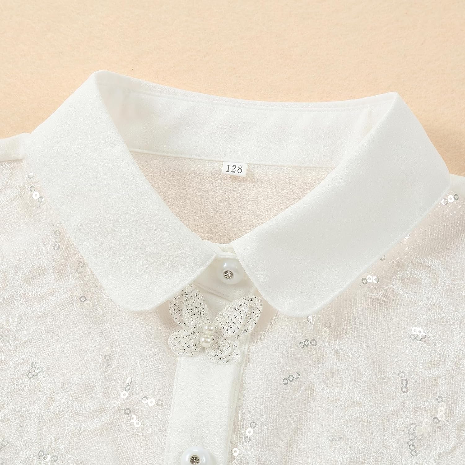 Girls Long Sleeve Shirt Lace Placket Butterfly Embellished Royal Style White Button Blouse