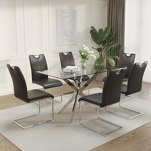 Miniatura 14 de Juego de mesa de comedor de vidrio de 51.18 pulgadas de ancho para 4, mesa de cocina rectangular moderna de vidrio con patas de metal dorado, 4 Mesa