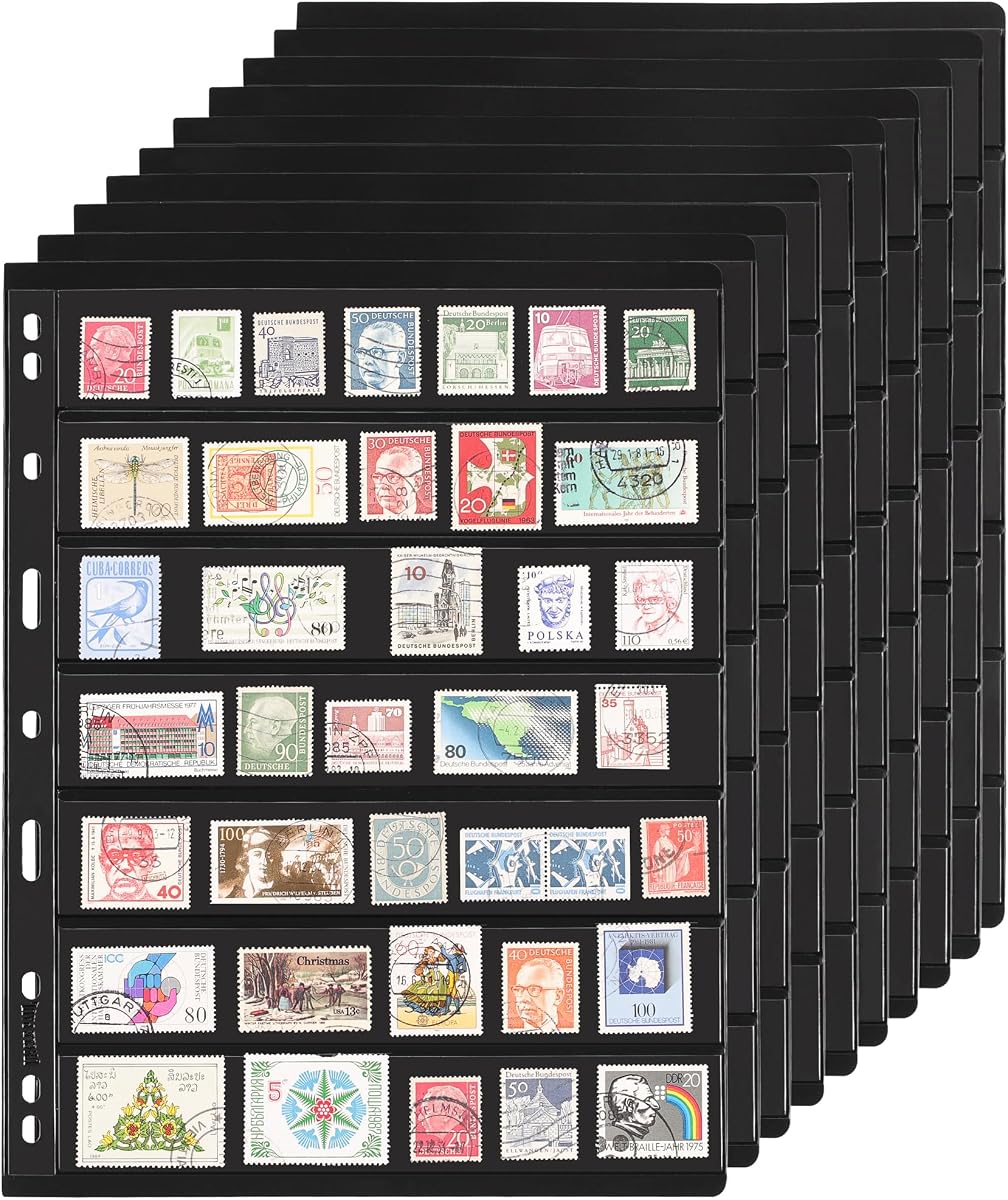 10 hojas, 20 páginas, fundas para álbumes de sellos postales, 7 bolsillos de 7,7 x 1,35 pulgadas, página negra