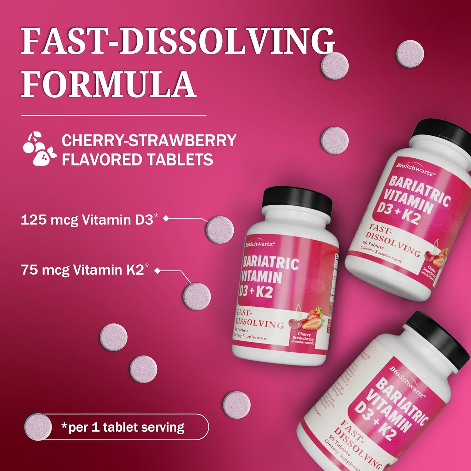 BioSchwartz Bariatric D3 K2 Dissolvable Tablets - 90 Cherry-Strawberry Tablets - Supports Bone Strength - Bariatric Vitamins for Women with Vitamin D3 5000 IU - Third Party Tested, 90 Servings - Image 6