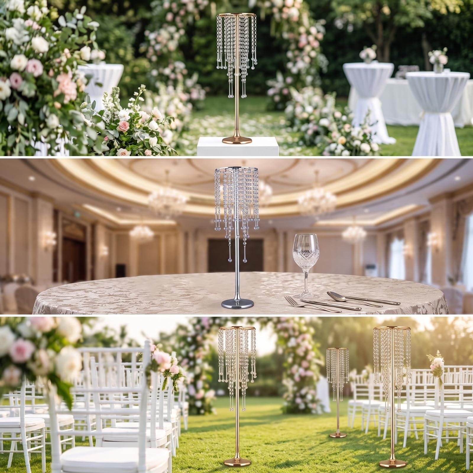 Soporte Decorativo de Boda Alta Centro de Mesa Jarrón Base Elevadora de Aleación con Brillo Espejado y Colgantes Adecuado para Bodas Formales, Plata, Diámetro 20 Cm X Altura 75 Cm