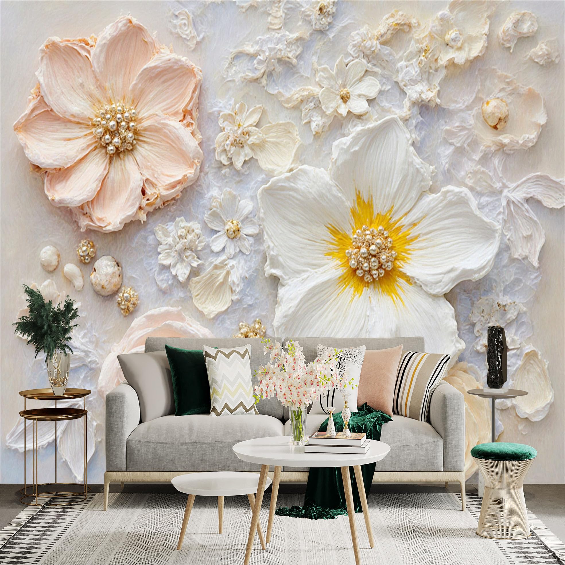 Custom Size Wall Sticker Mural， Textured Cream and White Floral Oil Painting， Elegant 3D Flower Petals， Soft Pastel Botanical Art， for wall Decoration， peelandstick wall Decals.