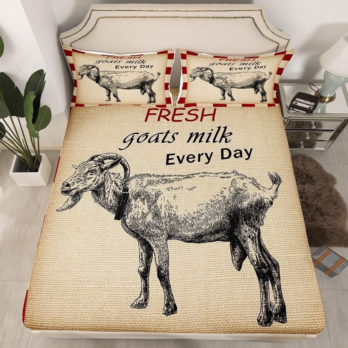 Goat Bedding Set Vintage Farm Goat Fitted Sheet Farmhouse