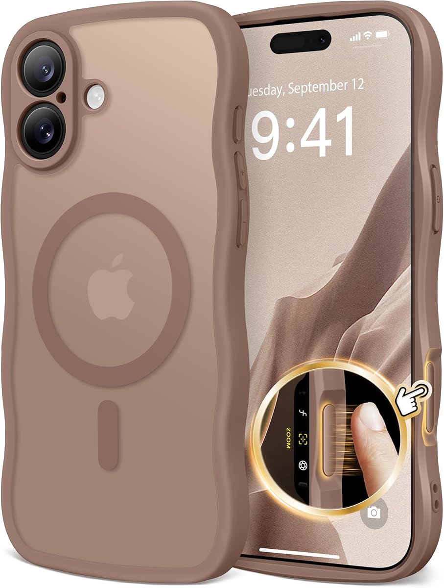 CAPRARO for iPhone 16 Case for Women Girls, Upgraded [Full Camera Protection] [Compatible with MagSafe] Cute Wave Translucent Matte Phone Case for iPhone 16, Brown