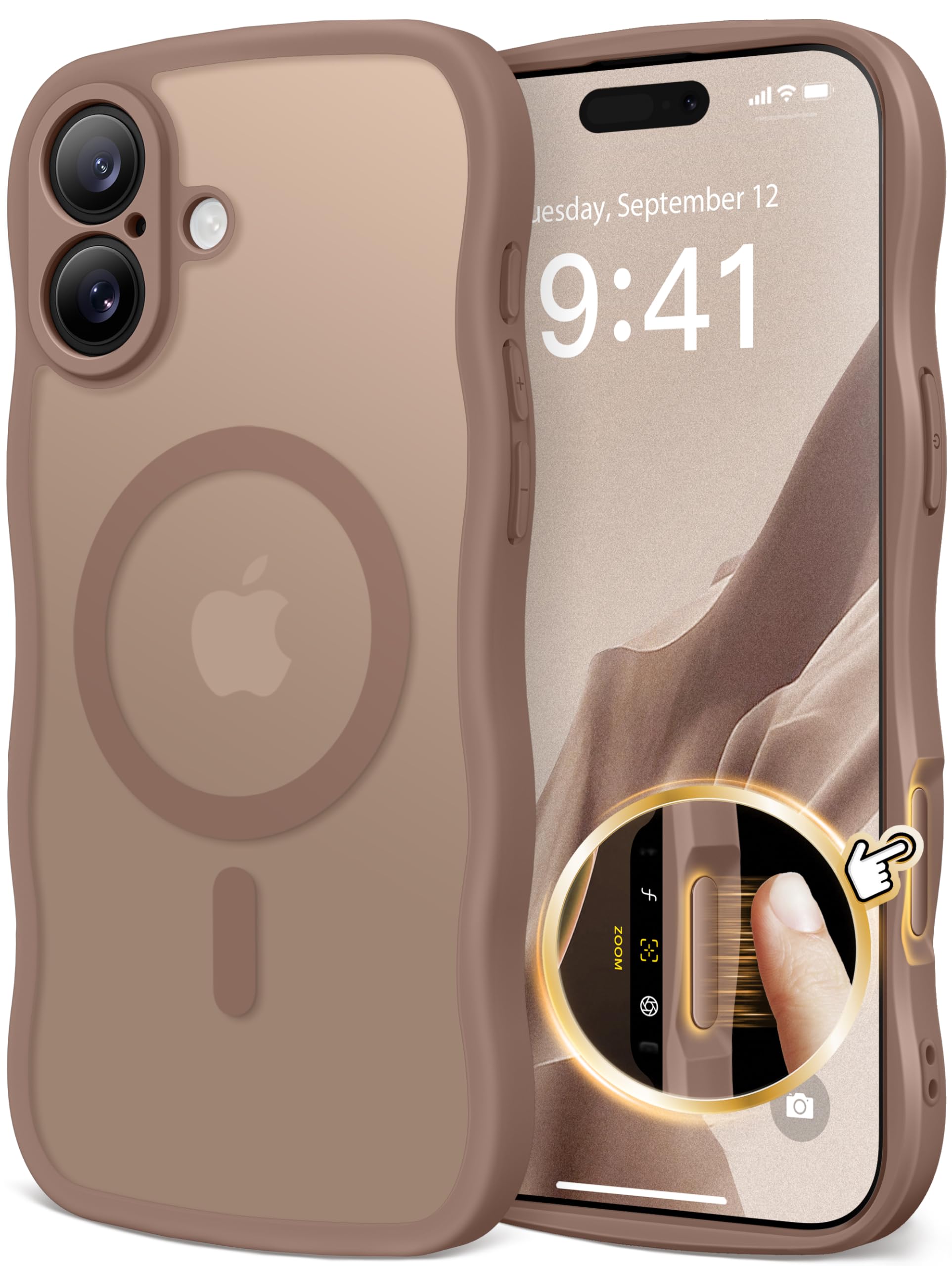 CAPRARO for iPhone 16 Case for Women Girls, Upgraded [Full Camera Protection] [Compatible with MagSafe] Cute Wave Translucent Matte Phone Case for iPhone 16, Brown