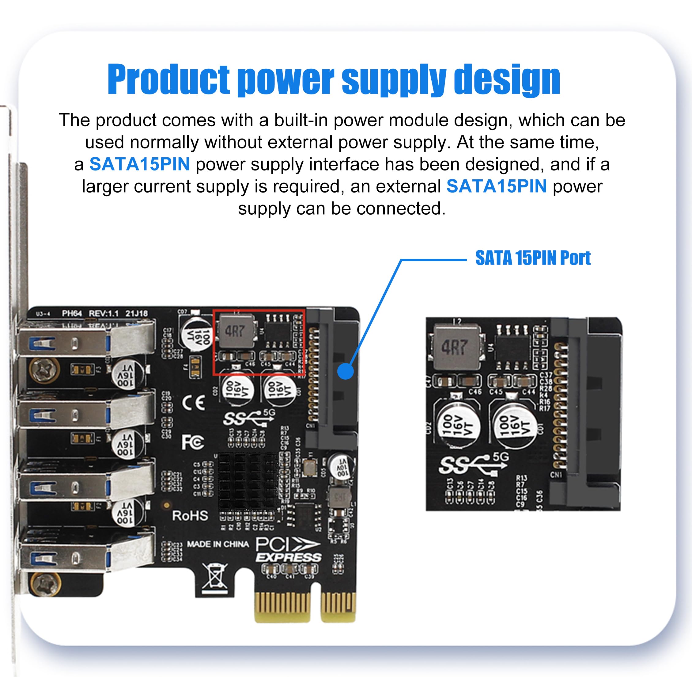 Tarjeta de expansión USB PCIe de 4 puertos, USB 3.2 Gen 1 (5 Gbps), controlador de adaptador de concentrador interno para Windows 11/10/8.1/7/Vista/XP