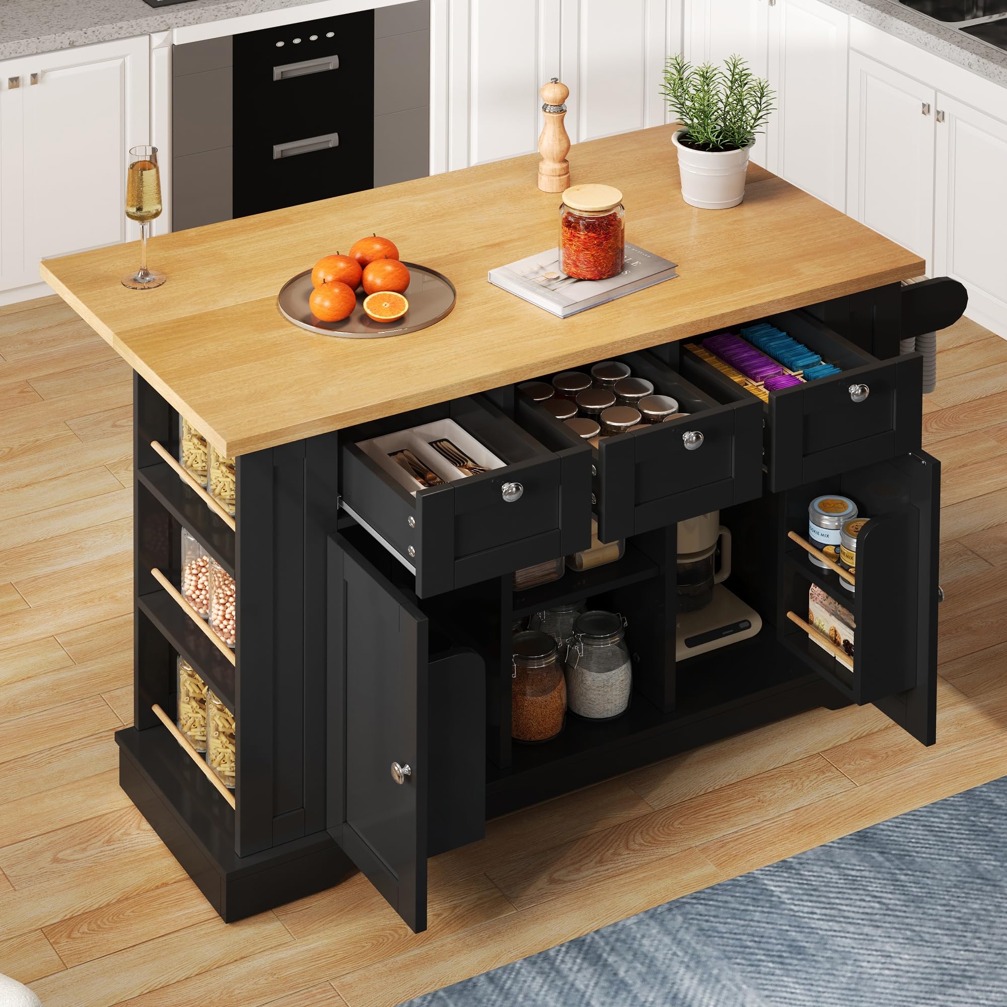 Isla De Cocina con Encimera Cocina Plegable y Enchufe de Carga, Armario con Cajones y Puerta, Muebles de Salon con Almacenamiento Abiertos, Mueble Auxiliar para Comedor, 132x87x70 cm (Negro)