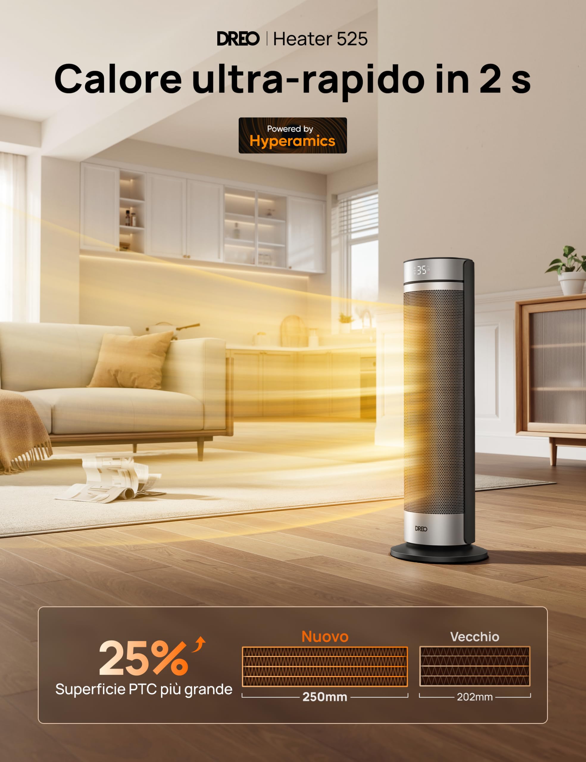 DREO Stufa a Torre 23 Pollici 2000W Silenziosa, Riscaldatore Portatile con Telecomando, Oscillazione 70°, Timer 12H, 5 Modalità, Termoventilatore in Ceramica PTC con Termostato per Casa e Ufficio