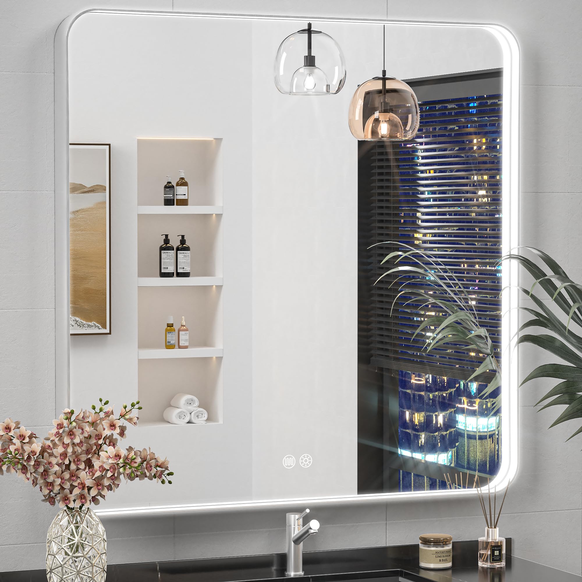 36" x 36" LED Bathroom Mirror with Lights, Rounded Rectangle Silver Frame Embedded Light Strip Design Vanity Mirror, 3 Colors & Stepless Dimmable, Anti-Fog, Horizontal/Vertical