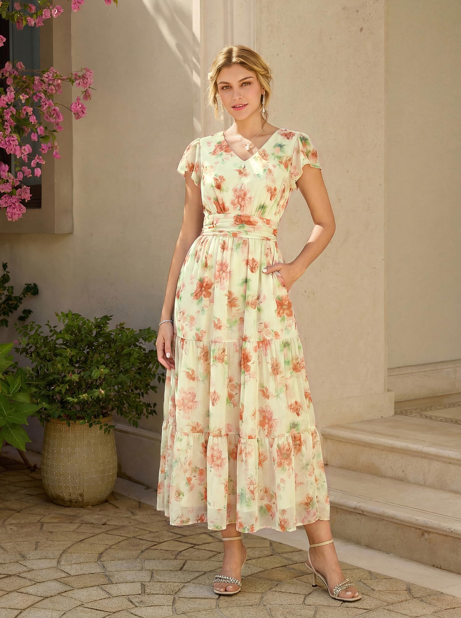 GRACE KARIN Vestido de verano para mujer con mangas con volantes, cuello en V, línea A, con bolsillos
