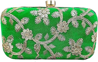 Truesellershop Indian Ethnic Designer Embroidered Clutch with Sling Chain Potli Bag Batwa Purse Clutch For Women (Green)