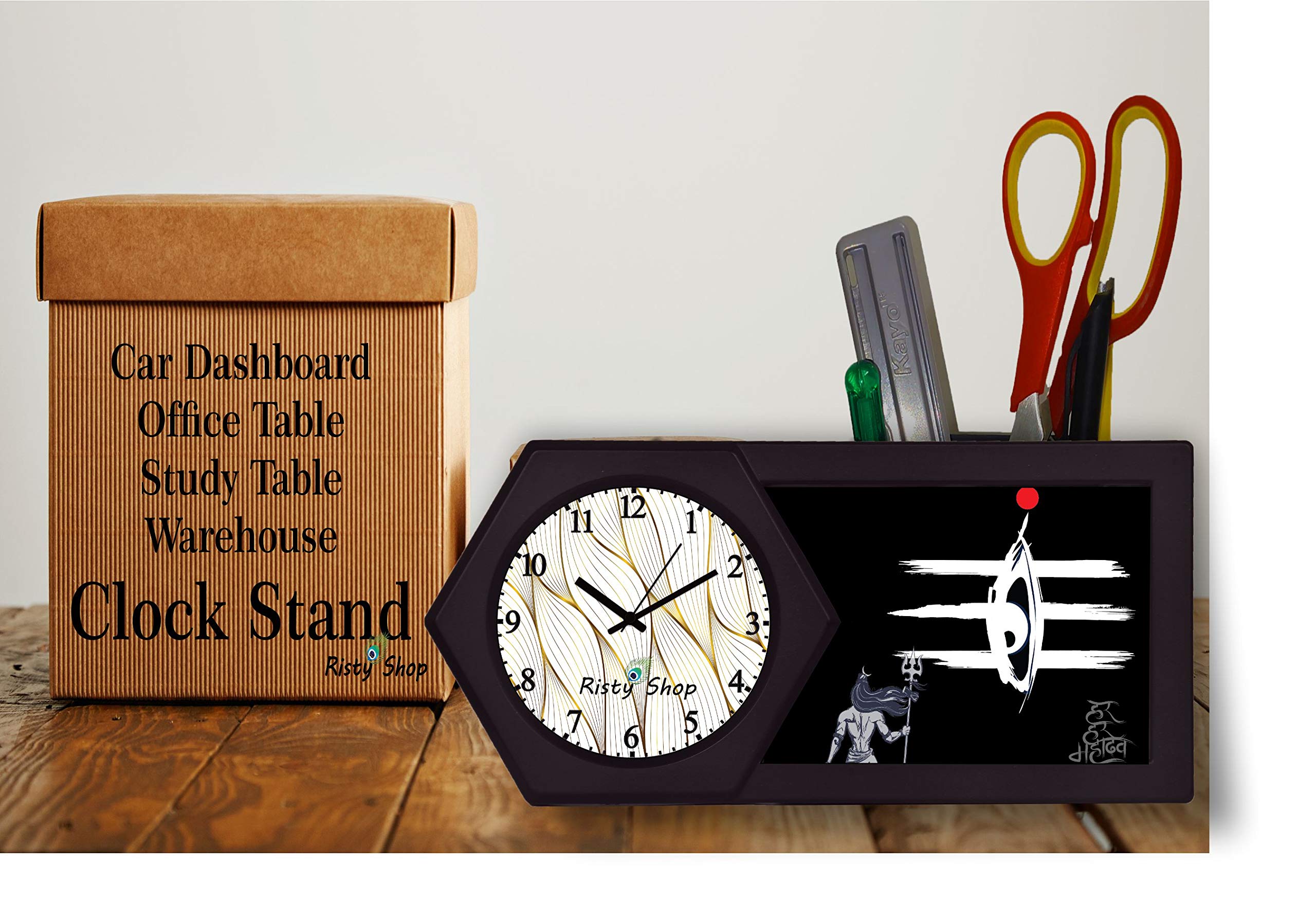 Risty Shop Home Décor,Table Clock with Pen/Mobile Stand designer(Om Third Eye)(modern quartz movement) free Sticky tape for holding for a strong grip Size 3x21x10 Cm use for Home,Office,Warehouse,Gift.