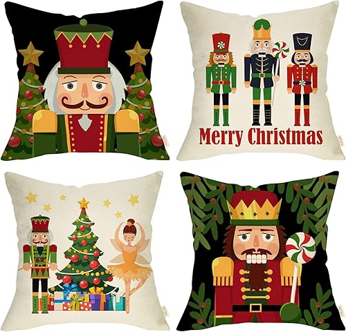 Juego de 4 fundas de almohada decorativas de cascanueces de Feliz Navidad de 20 x 20 pulgadas, diseño de árbol de Navidad, juguete de soldado de