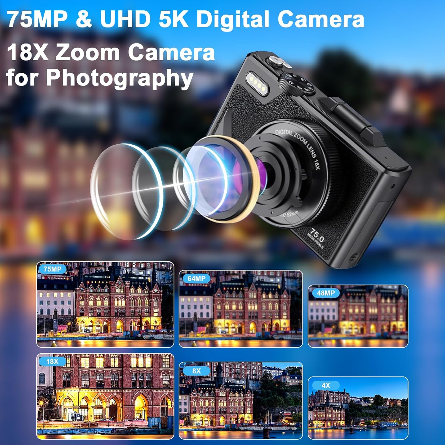5K Digital Camera,Vlogging Camera 75MP Point and Shoot Digital Cameras with 64GB SD Card, 18X Zoom, Compact Small Camera for Kids Boys Girls Binner | 64GB | 5K 2026 - view 2