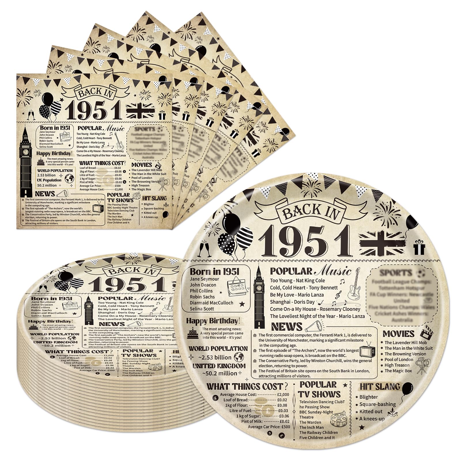 Eiapadeor 75th Birthday Decorations Tableware Set - 50 Pcs 75th Birthday Party Plates and Napkins Vintage Back in 1951 Disposable Plates Set for Women Men Him Her 75 Year Old Party Supplies