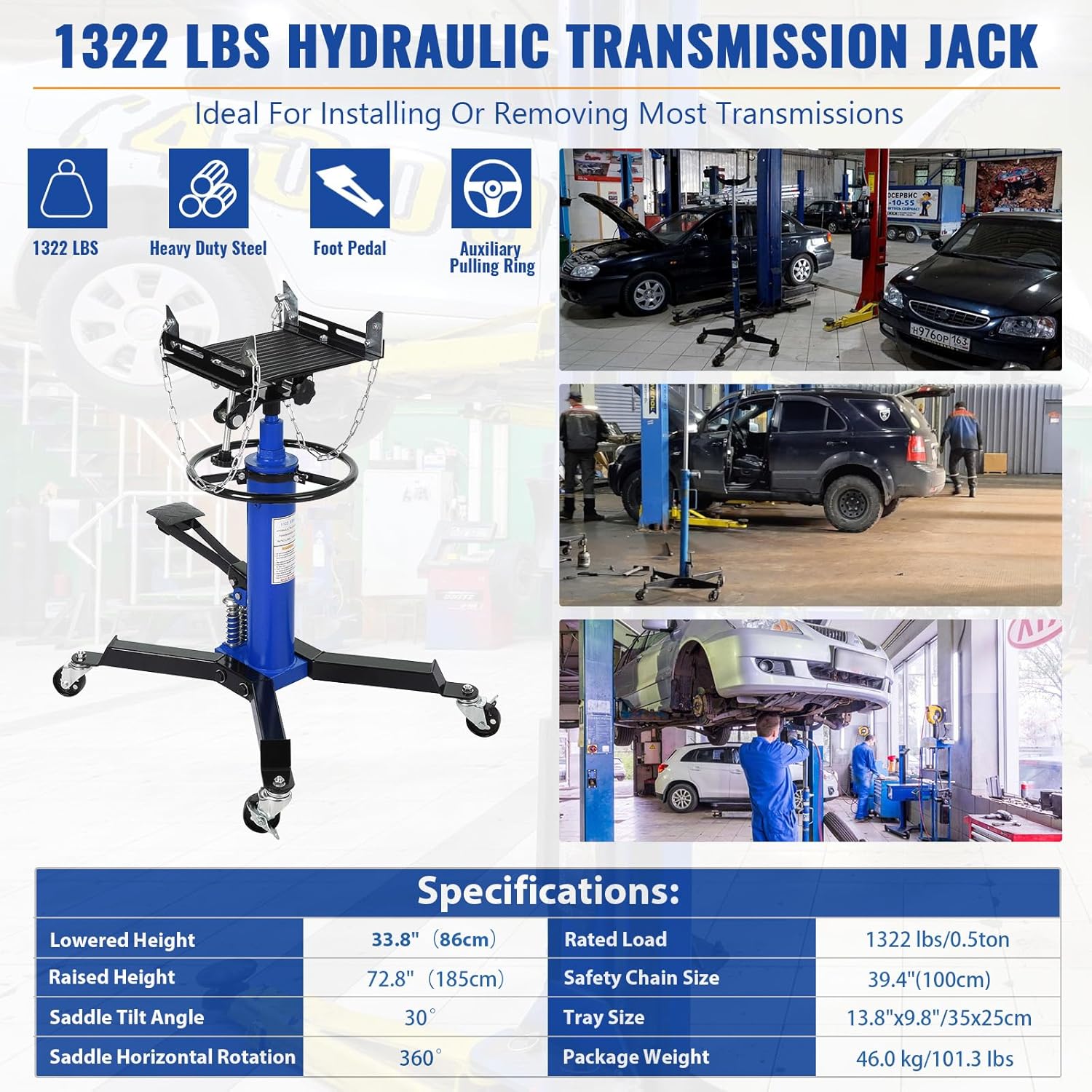 1322 LBS Transmission Jack High Lift 2-Stage Hydraulic Telescopic Stand, 34"-73" Height, Foot Pedal & 360° Swivel Wheels, Heavy Duty Transmission Lift for Car, Truck, Garage