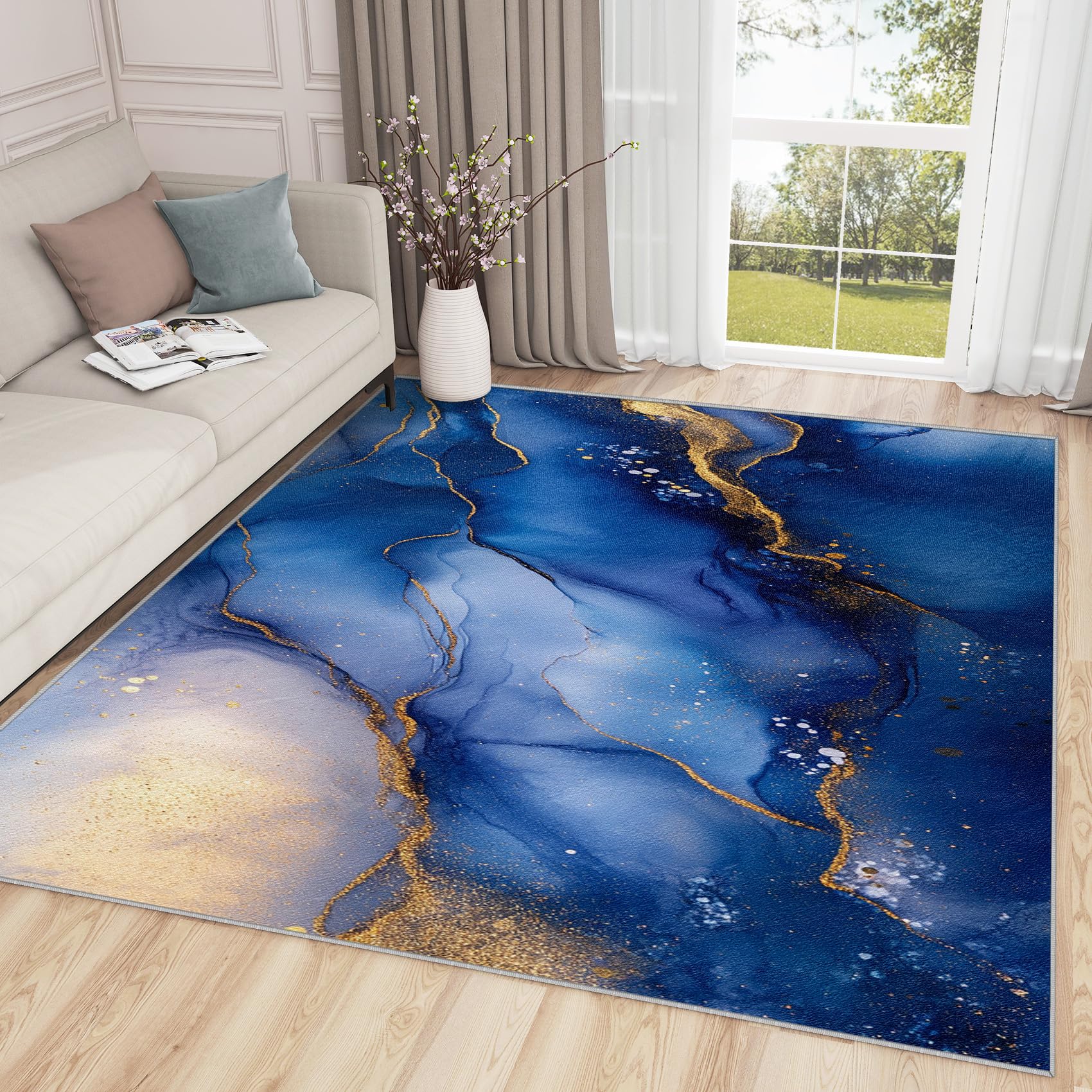 Washable Rugs for Bedroom 5x8, Abstract Marble Navy Blue Blue Gold Contemporary Area Rug, Non Slip & Shed Resistant Carpet