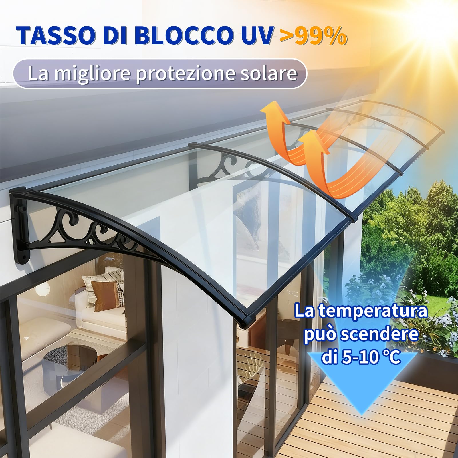Pensilina Espandibile con Grondaia Grande, Tenda da Sole per Porta Esterna, Montaggio Silenzioso e Rapido, per Patio, Balcone, Esterni60x290cm