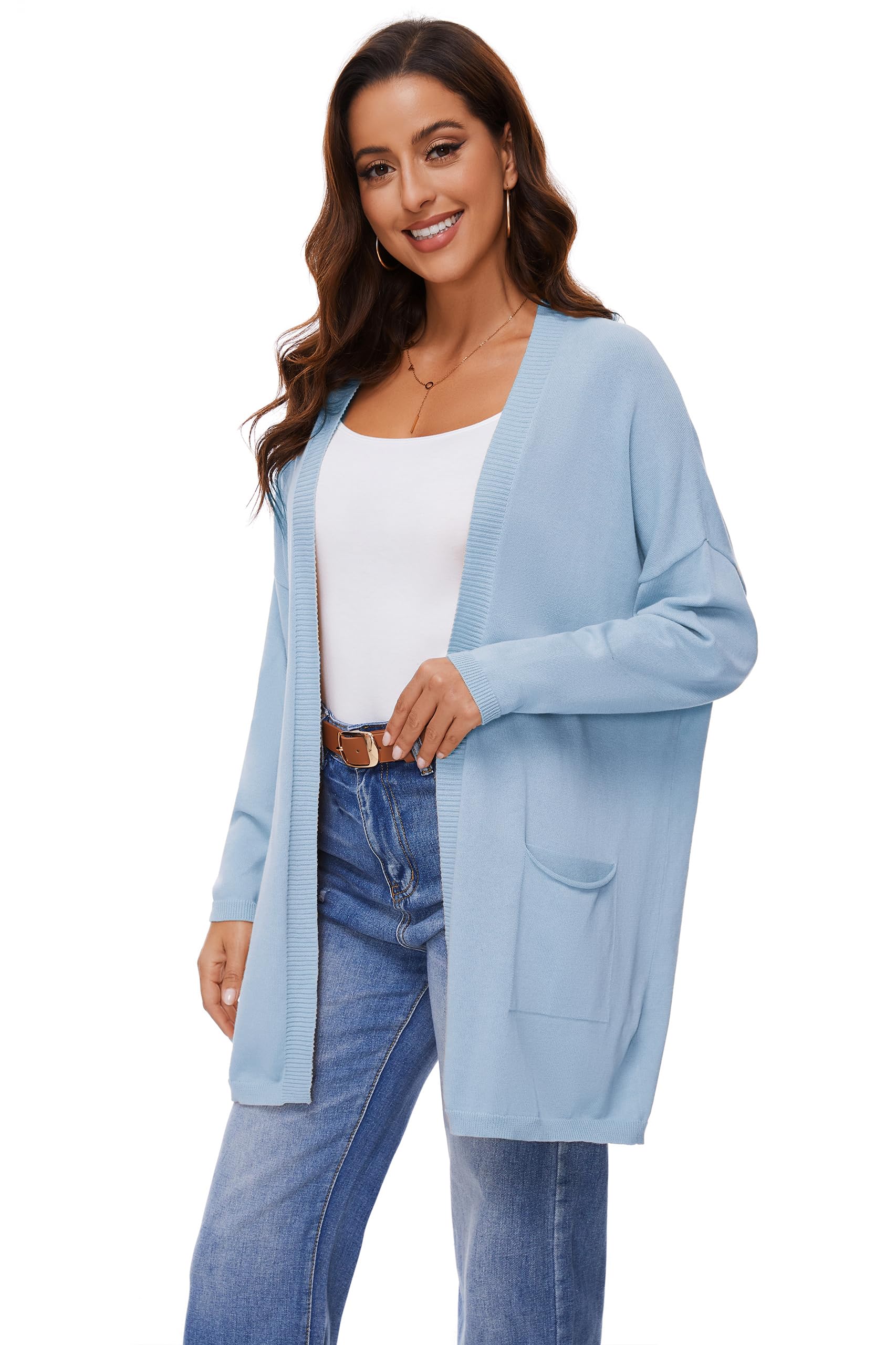 Cardigan Aperto in Cotone 100% per Donna con Tasche, Maniche Lunghe, Morbido, Oversize, Maglione Casual da Donna, Blu Chiaro, S