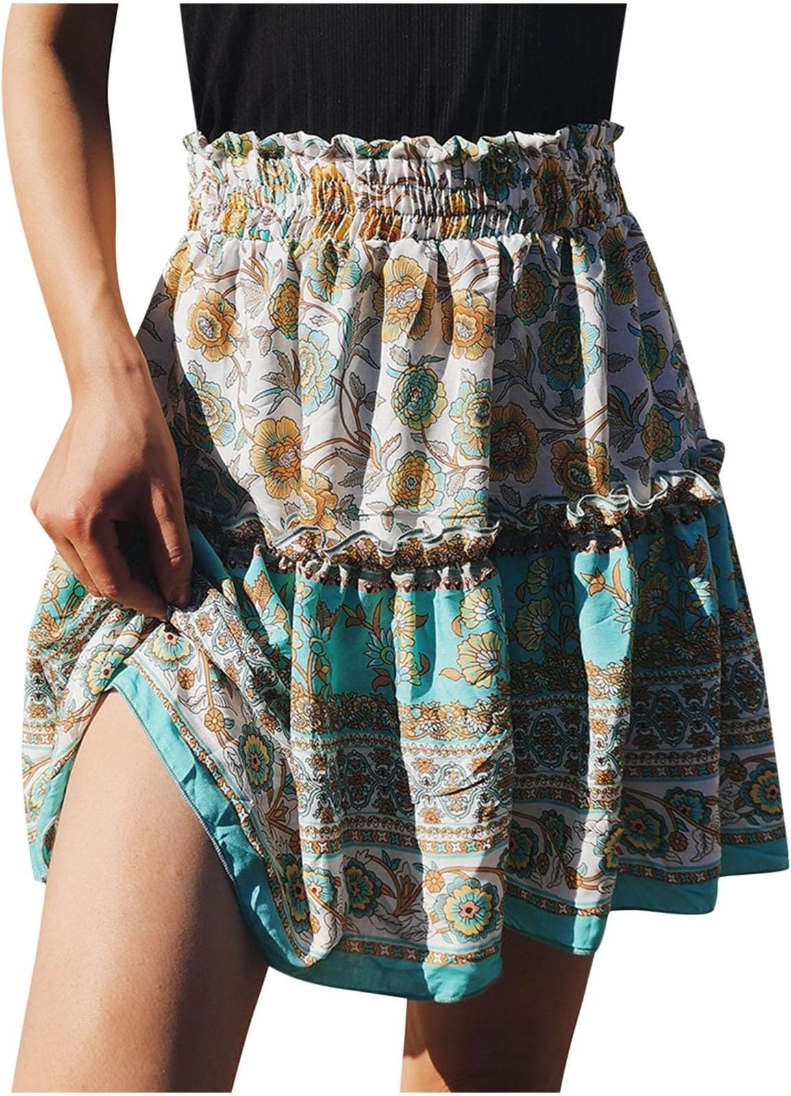 Women's Flared Short Skirt Cute Floral Ruffle Mini Skater Skirt Teen Girls Summer Beach Casual Vintage Skort Dress
