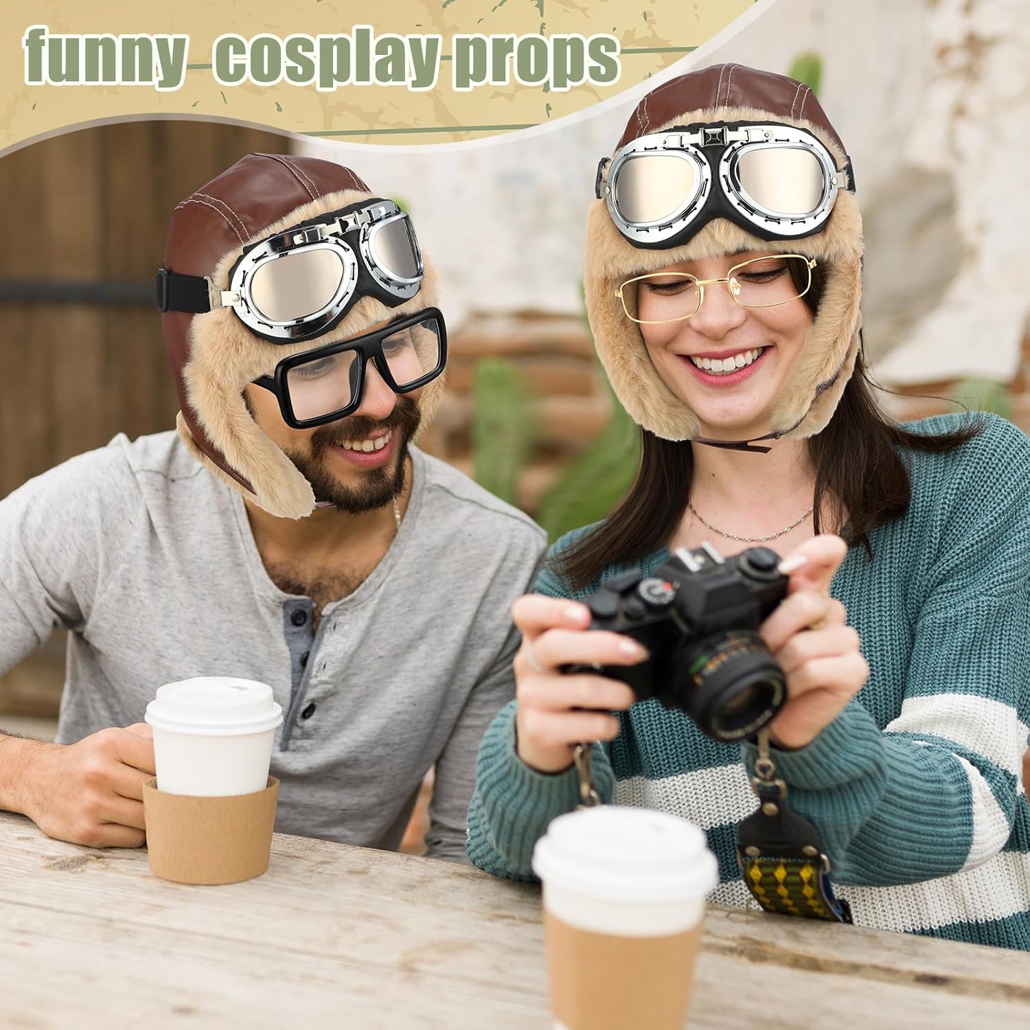 Tarpop 2 Pcs Halloween Costume Vintage Pilot Hat and Goggles Costume Accessories Ear Flaps Pilot Cap for Men Women Winter Chocolate