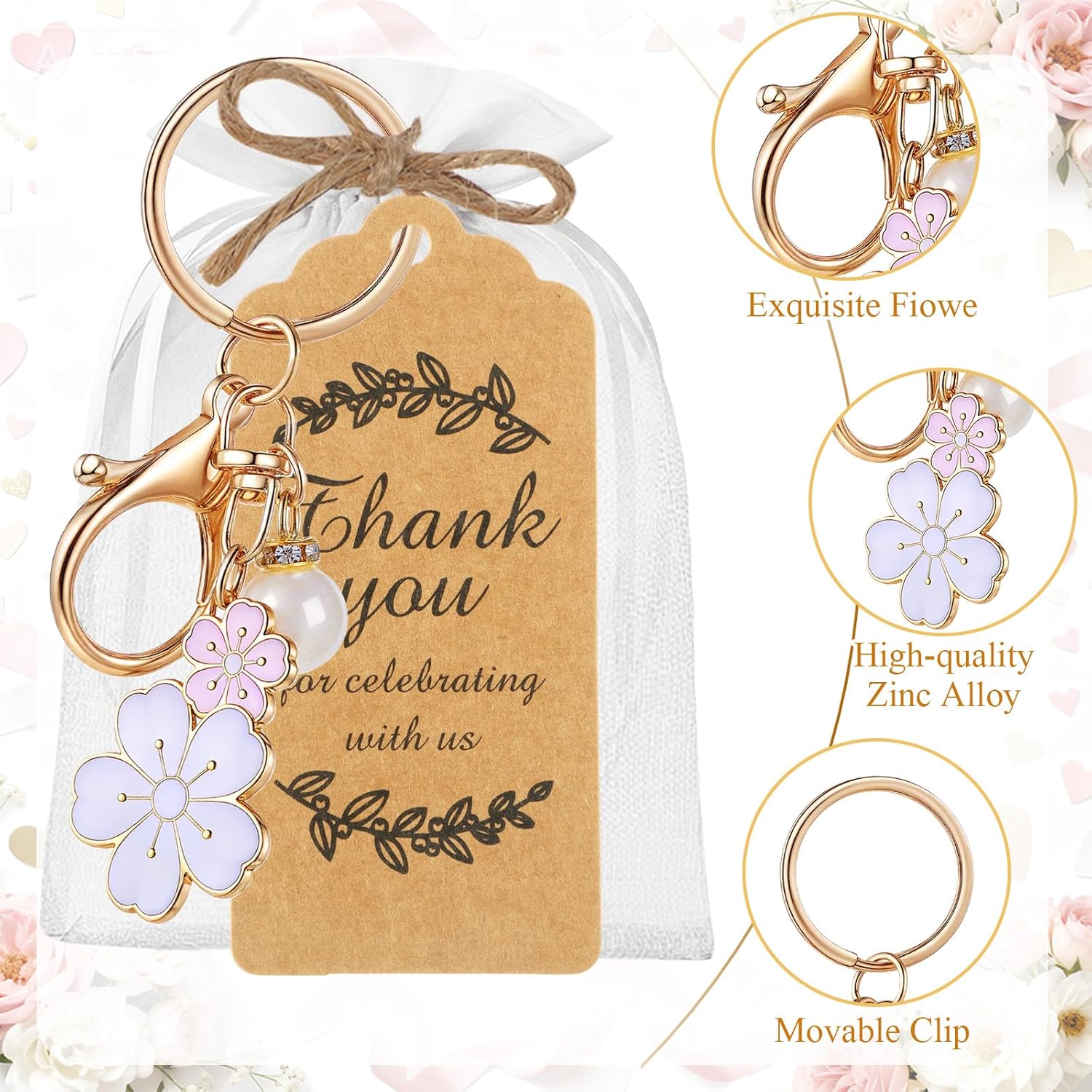 Ecation 20 Set Flower Keychain Party Favor Bulk Keyring Charm for Guest Baptism Bridal Shower Mother's Day Wedding Gift(White,Cherry Blossom)