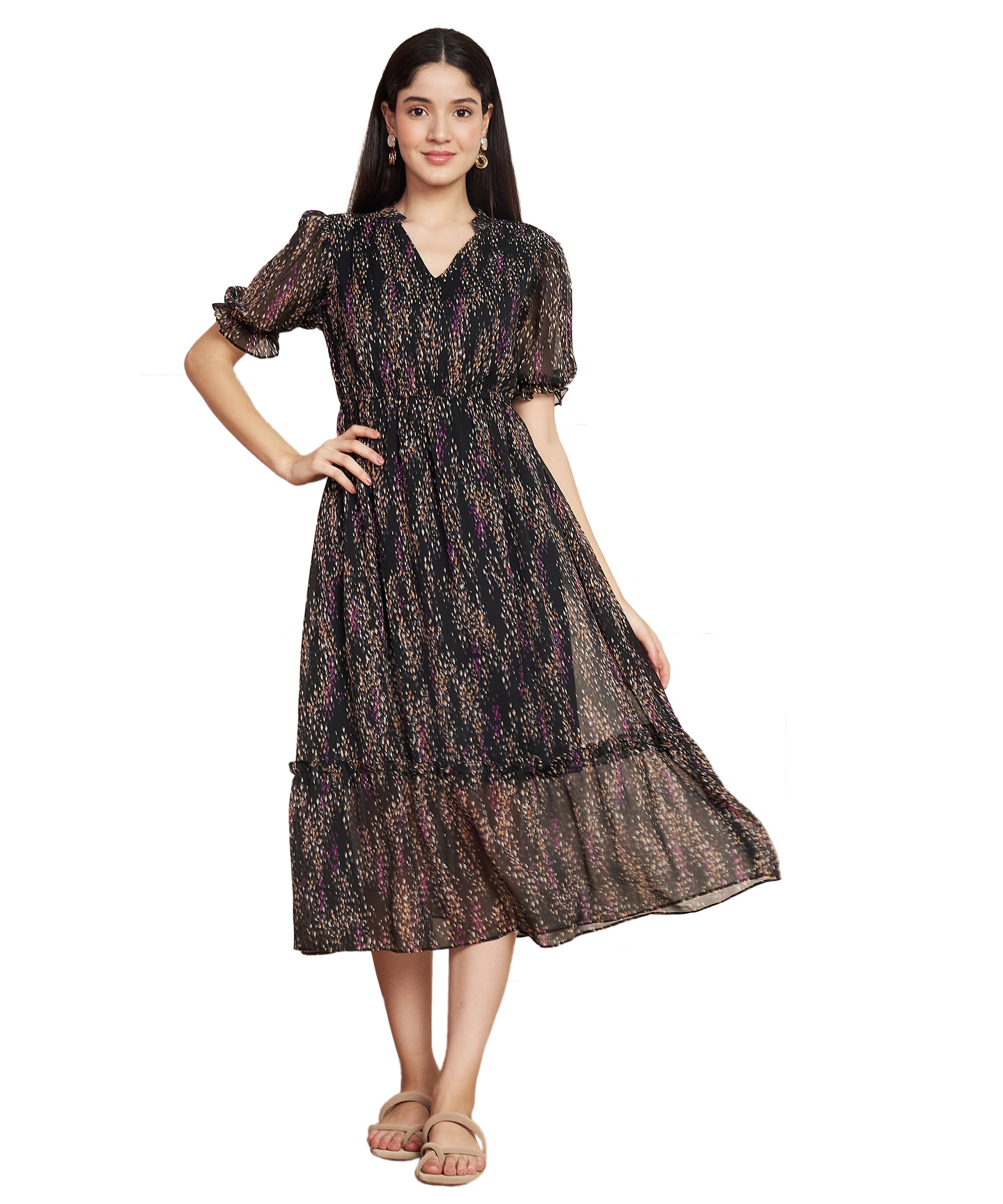 Black Chiffon Printed Midi Dress with Lycra Lining-image-4