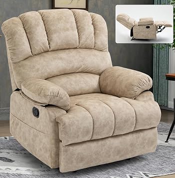 Manual Recliner Chair with Adjustable Recline for Living Room, Oversized Lazyboy Recliner Chairs with Overstuffed Arm & Back, Comfy Soft Fabric Lounge Single Sofa for Adults Beige