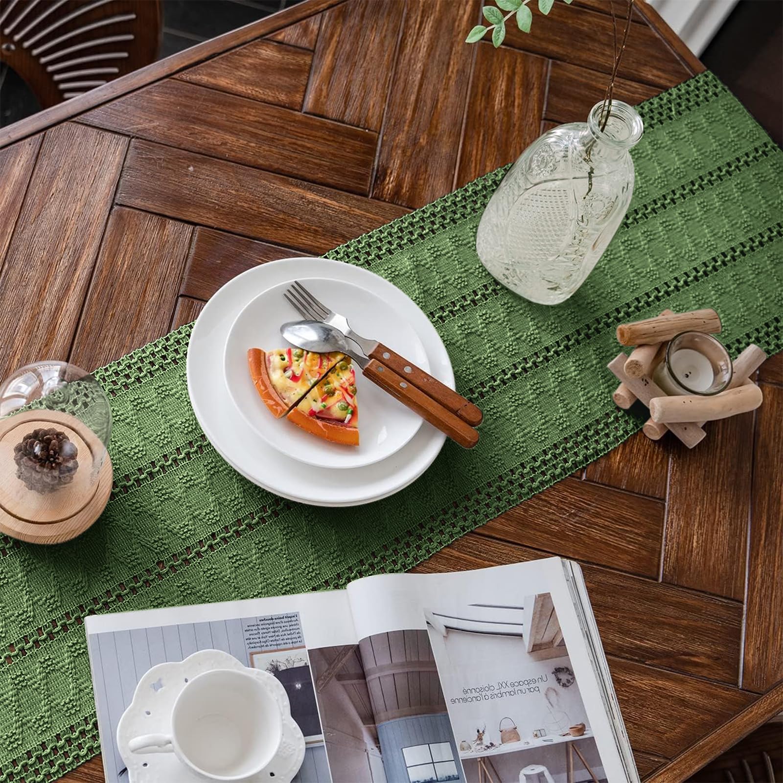 Camino de mesa de macramé verde bohemio con borlas, camino de mesa de algodón tejido a mano, camino de mesa rústico para mesa de comedor de cocina bohemia (12 x 108 pulgadas)